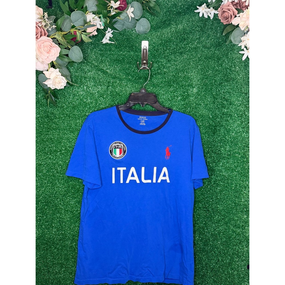 Stained Polo Ralph Lauren Italia #16 Blue Graphic T-Shirt Men's Large